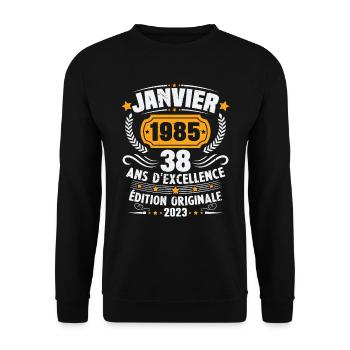 Cadeau D'anniversaire 38 Ans Janvier 1985 Vintage - Sweat-shirt Unisexe - noir - Devant - Alina (178cm) & Michal (187cm)