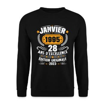 Cadeau D'anniversaire 28 Ans Janvier 1995 Vintage - Sweat-shirt Unisexe - noir - Devant - Alina (178cm) & Michal (187cm)