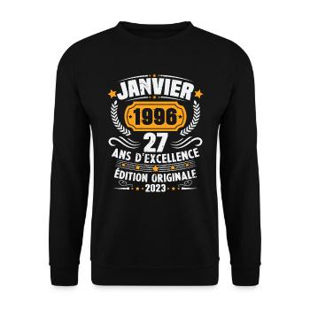 Cadeau D'anniversaire 27 Ans Janvier 1996 Vintage - Sweat-shirt Unisexe - noir - Devant - Alina (178cm) & Michal (187cm)