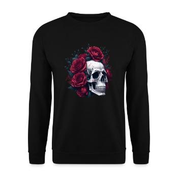 Totenkopf und Rosen Rote Blumen Gothic - Unisex Pullover - Schwarz - Vorne - Alina (178cm) & Michal (187cm)
