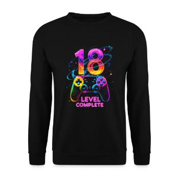 18th Birthday Gift Young Man Level Complete - Unisex Sweatshirt - black - Front - Alina (178cm) & Michal (187cm)