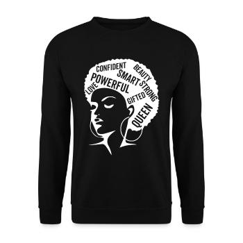 Afro Woman Powerful | Ich liebe mein Afrika - Unisex Pullover - Schwarz - Vorne - Alina (178cm) & Michal (187cm)