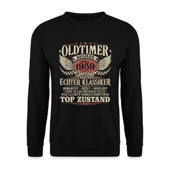 Oldtimer Baujahr 1959 Jahrgang Geburtstag Geschenk - Unisex Pullover - Schwarz - Vorne - Alina (178cm) & Michal (187cm)