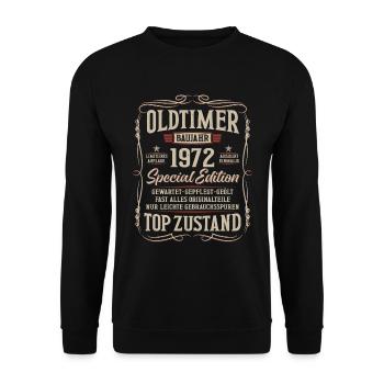 Oldtimer Baujahr 1972 Jahrgang Geburtstag Geschenk - Unisex Pullover - Schwarz - Vorne - Alina (178cm) & Michal (187cm)