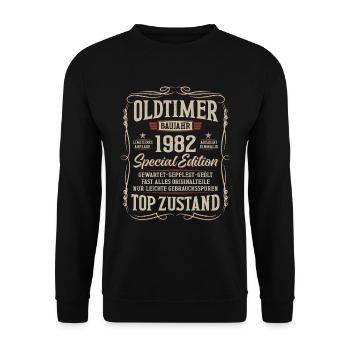 Oldtimer Baujahr 1982 Jahrgang Geburtstag Geschenk - Unisex Pullover - Schwarz - Vorne - Alina (178cm) & Michal (187cm)