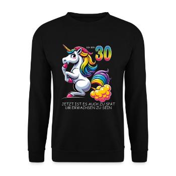 30. Geburtstag Einhorn–Humorvolles Erwachsenwerden - Unisex Pullover - Schwarz - Vorne - Alina (178cm) & Michal (187cm)