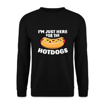 Ich bin nur wegen den Hotdogs hier Lustiges - Unisex Pullover - Schwarz - Vorne - Alina (178cm) & Michal (187cm)