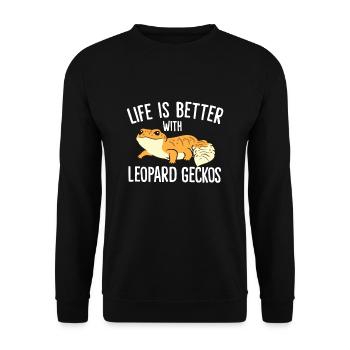 Das Leben ist besser mit Leopardgeckos - Unisex Pullover - Schwarz - Vorne - Alina (178cm) & Michal (187cm)