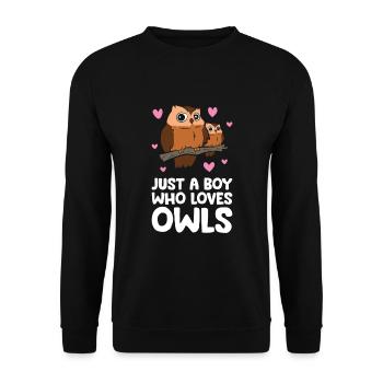 Nur ein Junge, der Eulen liebt Niedliche Eule - Unisex Pullover - Schwarz - Vorne - Alina (178cm) & Michal (187cm)