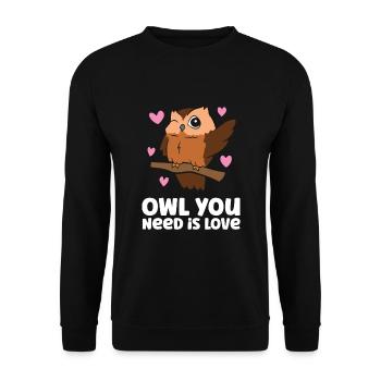 Eule Sie brauchen Liebe Niedliche Eule - Unisex Pullover - Schwarz - Vorne - Alina (178cm) & Michal (187cm)