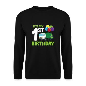 Es ist mein 1. Geburtstag Müllwagen 1. Geburtstag - Unisex Pullover - Schwarz - Vorne - Alina (178cm) & Michal (187cm)