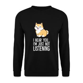 Akita Hund als Haustier Ich höre dich, ich höre - Unisex Pullover - Schwarz - Vorne - Alina (178cm) & Michal (187cm)
