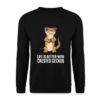 Das Leben ist besser mit Haubengeckos Reptilien - Unisex Pullover - Schwarz - Vorne - Alina (178cm) & Michal (187cm)