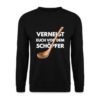 Verneigt Euch vor dem Schöpfer Fun - Unisex Pullover - Schwarz - Vorne - Alina (178cm) & Michal (187cm)