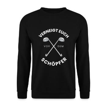 Verneigt Euch vor dem Schöpfer Fun - Unisex Pullover - Schwarz - Vorne - Alina (178cm) & Michal (187cm)