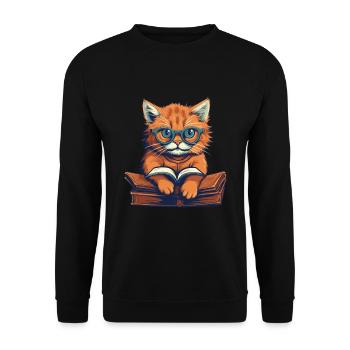Katze mit Buch und Schriftzug - Unisex Pullover - Schwarz - Vorne - Alina (178cm) & Michal (187cm)