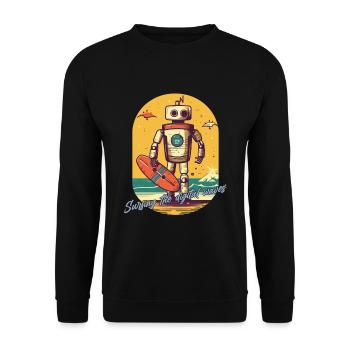 Robotor mit Surfbrett und Schriftzug - Unisex Pullover - Schwarz - Vorne - Alina (178cm) & Michal (187cm)