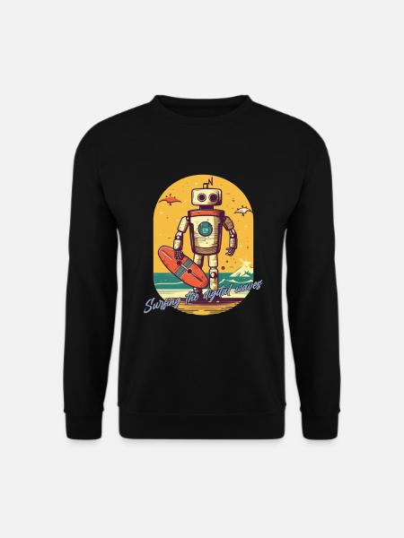 Robotor mit Surfbrett und Schriftzug - Unisex Pullover - Schwarz