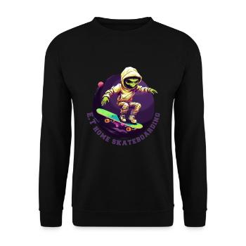 Alien auf Skateboard mit Schriftzug - Unisex Pullover - Schwarz - Vorne - Alina (178cm) & Michal (187cm)