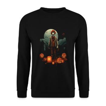 Gruseliger Clown Mit Kürbissen Vor Mond Halloween - Unisex Pullover - Schwarz - Vorne - Alina (178cm) & Michal (187cm)