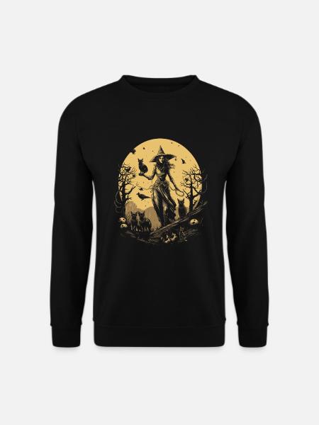 Gruselige Hexe Mit Schwarzen Katzen Unter Vollmond - Unisex Pullover - Schwarz