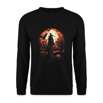 Scary witch with pumpkin and bats moon - Unisex Sweatshirt - black - Front - Alina (178cm) & Michal (187cm)