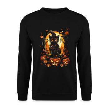 Chat sorcière noir avec des citrouilles et la pleine lune - Sweat-shirt Unisexe - noir - Devant - Alina (178cm) & Michal (187cm)