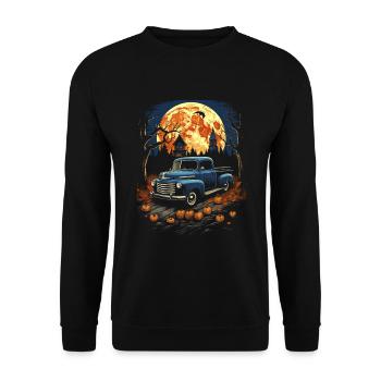 Pickup Truck Spuckige Auto Kunst zu Halloween - Unisex Pullover - Schwarz - Vorne - Alina (178cm) & Michal (187cm)