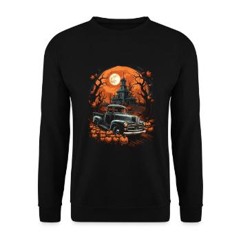 Pickup Truck Spuckige Auto Kunst zu Halloween - Unisex Pullover - Schwarz - Vorne - Alina (178cm) & Michal (187cm)