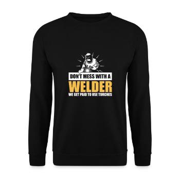 Schweißer Warnung – Experten mit Fackeln - Unisex Pullover - Schwarz - Vorne - Alina (178cm) & Michal (187cm)