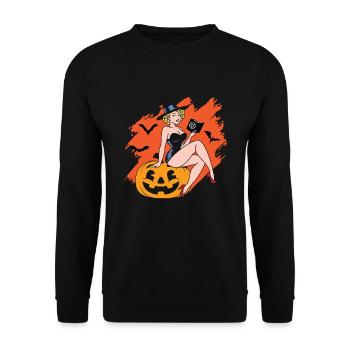 Pin Up Hexe Retro Vintage Halloween - Unisex Pullover - Schwarz - Vorne - Alina (178cm) & Michal (187cm)