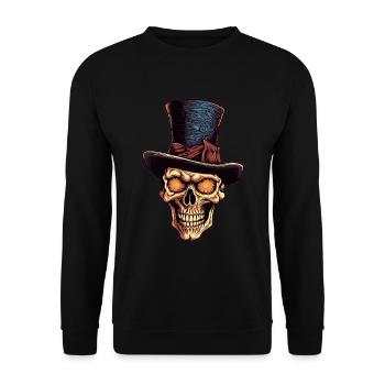 Bunter abstrakter Totenkopf mit Zylinder - Unisex Pullover - Schwarz - Vorne - Alina (178cm) & Michal (187cm)