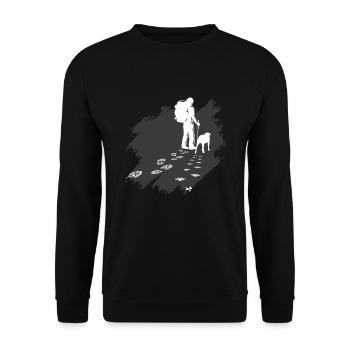 Wanderer Spuren Hunde Hund Hündchen - Unisex Pullover - Schwarz - Vorne - Alina (178cm) & Michal (187cm)