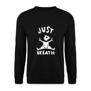 Süßer Yoga Hund beim Yoga mit "just breath" Spruch - Unisex Pullover - Schwarz - Vorne - Alina (178cm) & Michal (187cm)