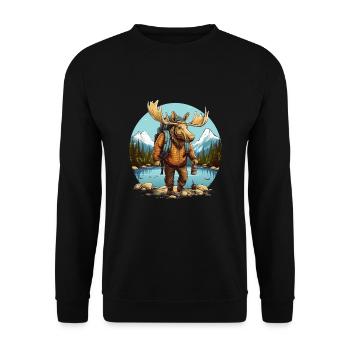 Wanderer Elchmit Wanderausrüstung im Wald - Natur - Unisex Pullover - Schwarz - Vorne - Alina (178cm) & Michal (187cm)