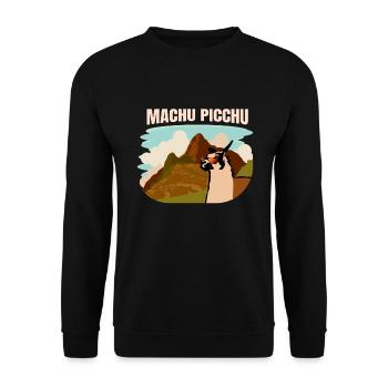 Machu Picchu Lama und Bergpanorama - Unisex Pullover - Schwarz - Vorne - Alina (178cm) & Michal (187cm)