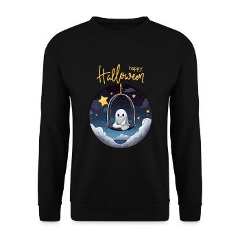 Niedlicher Geist schaukelt zu Halloween am Himmel - Unisex Pullover - Schwarz - Vorne - Alina (178cm) & Michal (187cm)