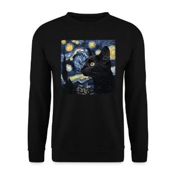 Chat Noir, Chats, Van Gogh, Nuit Étoilée - Sweat-shirt Unisexe - noir - Devant - Alina (178cm) & Michal (187cm)