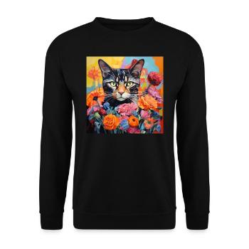 Katze, katzenmotiv, blumen, geschenk, geschenkidee - Unisex Pullover - Schwarz - Vorne - Alina (178cm) & Michal (187cm)