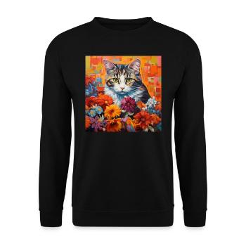 chat, motif de chat, fleurs, cadeau, idée cadeau - Sweat-shirt Unisexe - noir - Devant - Alina (178cm) & Michal (187cm)