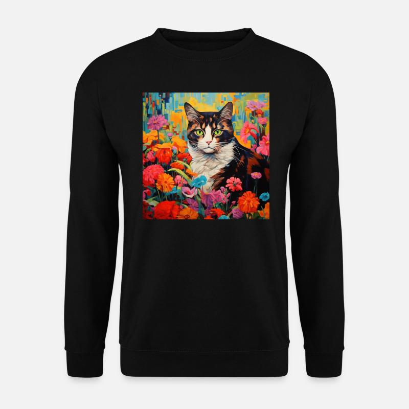 Katze, katzenmotiv, blumen, geschenk, geschenkidee - Unisex Pullover - Schwarz
