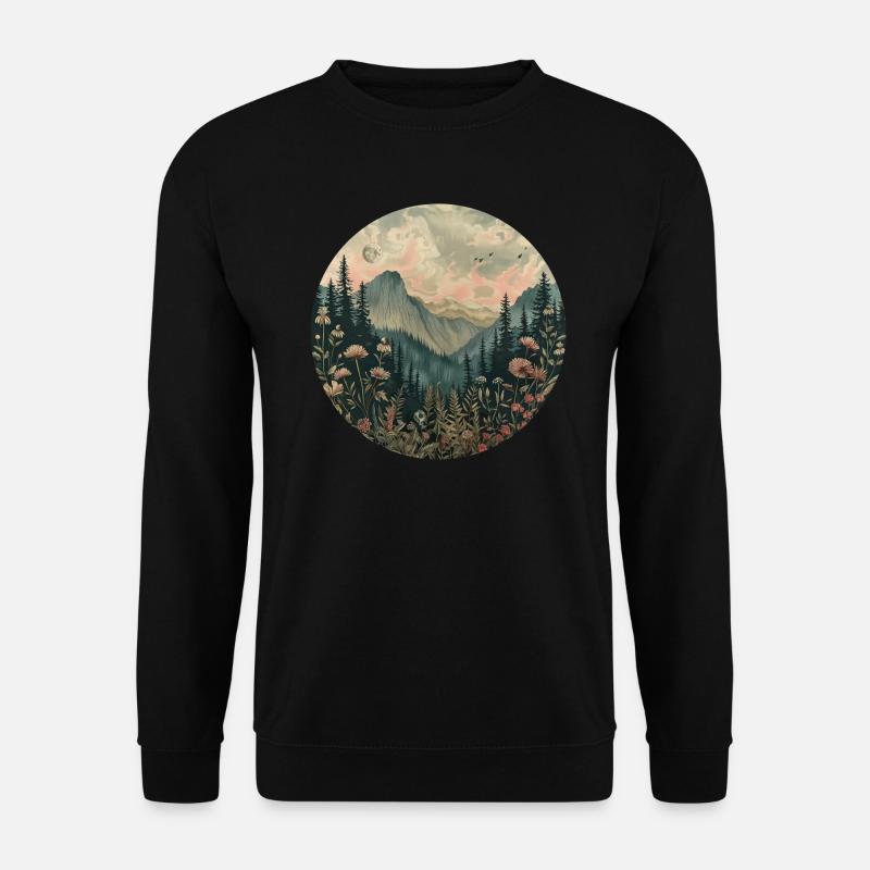 Boho, Blumen, Berge, Landschaft, Natur, Bäume - Unisex Pullover - Schwarz