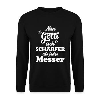 Min Götti isch schärfer als jede Pfanne Schweiz - Unisex Pullover - Schwarz - Vorne - Alina (178cm) & Michal (187cm)