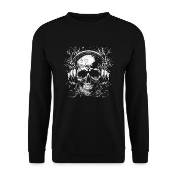 Vintage Schädel Musik Tattoo mit Kopfhörer - Unisex Pullover - Schwarz - Vorne - Alina (178cm) & Michal (187cm)