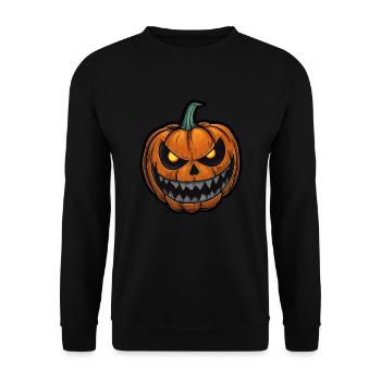 Halloween Kürbis Gesicht Glühende Augen Fratze - Unisex Pullover - Schwarz - Vorne - Alina (178cm) & Michal (187cm)
