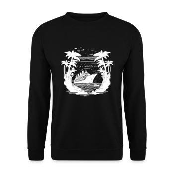 Palmen im Sonnenuntergang mit Kreuzfahrtschiff - Unisex Pullover - Schwarz - Vorne - Alina (178cm) & Michal (187cm)