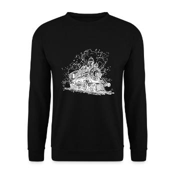 Rauchende Dampflokomotive auf Gleisen unter Dampf - Unisex Pullover - Schwarz - Vorne - Alina (178cm) & Michal (187cm)