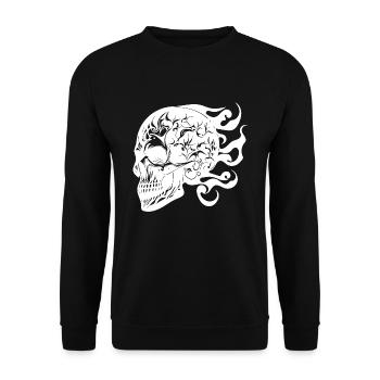 Lachender brennender grinsender Tattoo Schädel - Unisex Pullover - Schwarz - Vorne - Alina (178cm) & Michal (187cm)