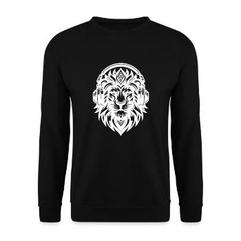 Grimmiger Löwe mit Kopfhörer - Unisex Pullover - Schwarz - Vorne - Alina (178cm) & Michal (187cm)