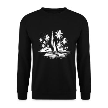 Katamaran Segelboot mit Palmen - Unisex Pullover - Schwarz - Vorne - Alina (178cm) & Michal (187cm)